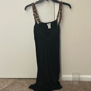 Cache black dress with leather straps.  Above the knees.  Cute